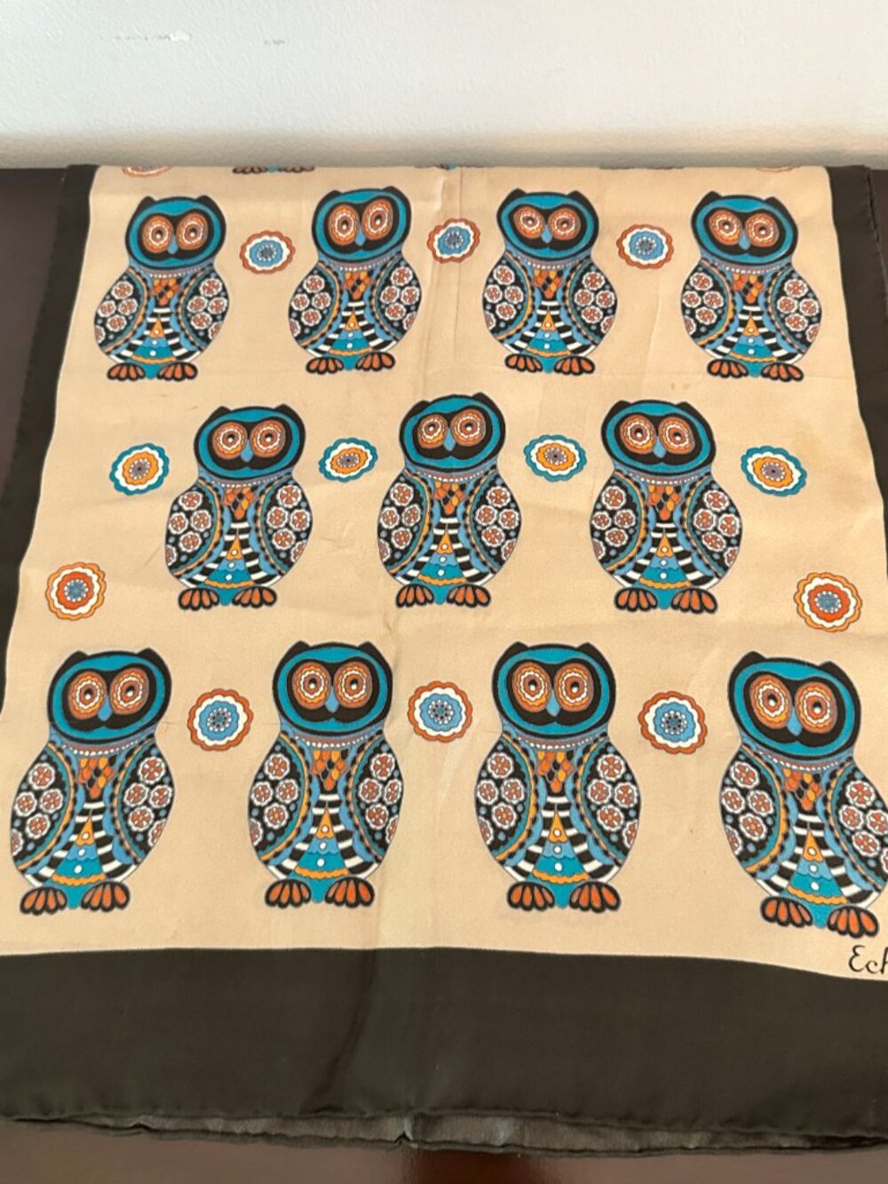 Vintage Echo Scarf Owls 100% Silk 15" x 44" Brown Tan - Picture 3 of 7